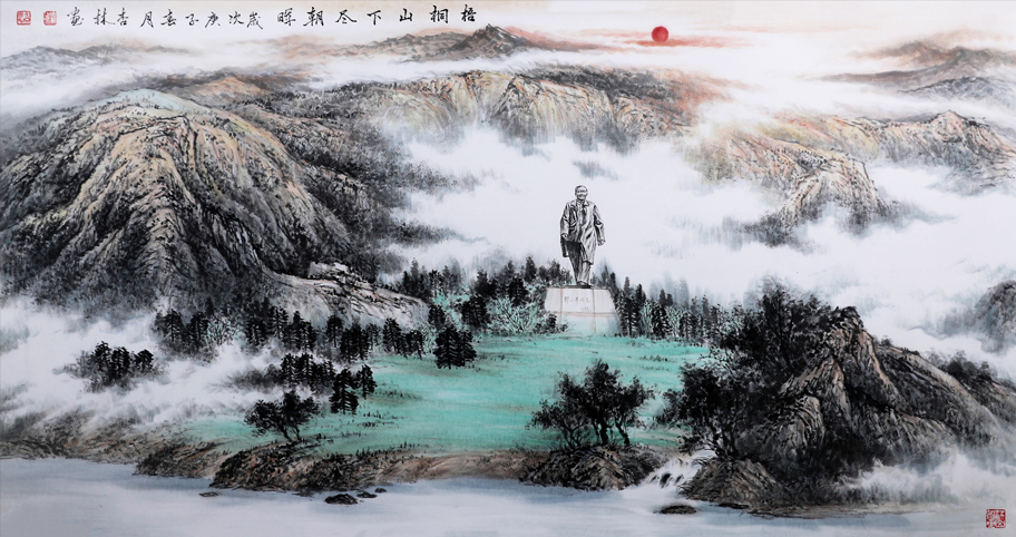 《梧桐山下尽朝晖》国画(6尺)李杏林作.jpg 《梧桐山下尽朝晖》国画(6尺)李杏林作.jpg